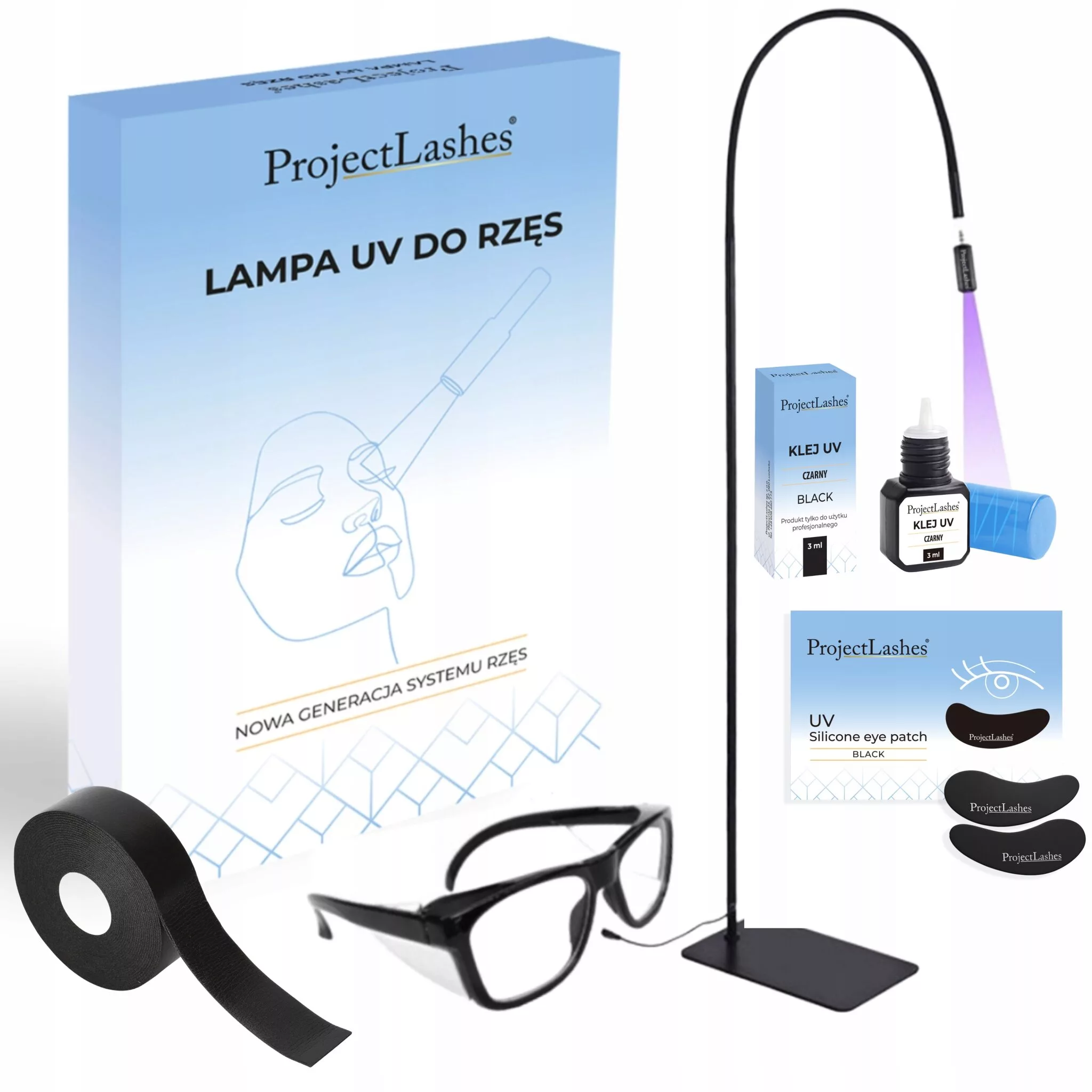 Zestaw Lampa UV do przedłużania rzęs – okulary klej płatki pod oczy taśma