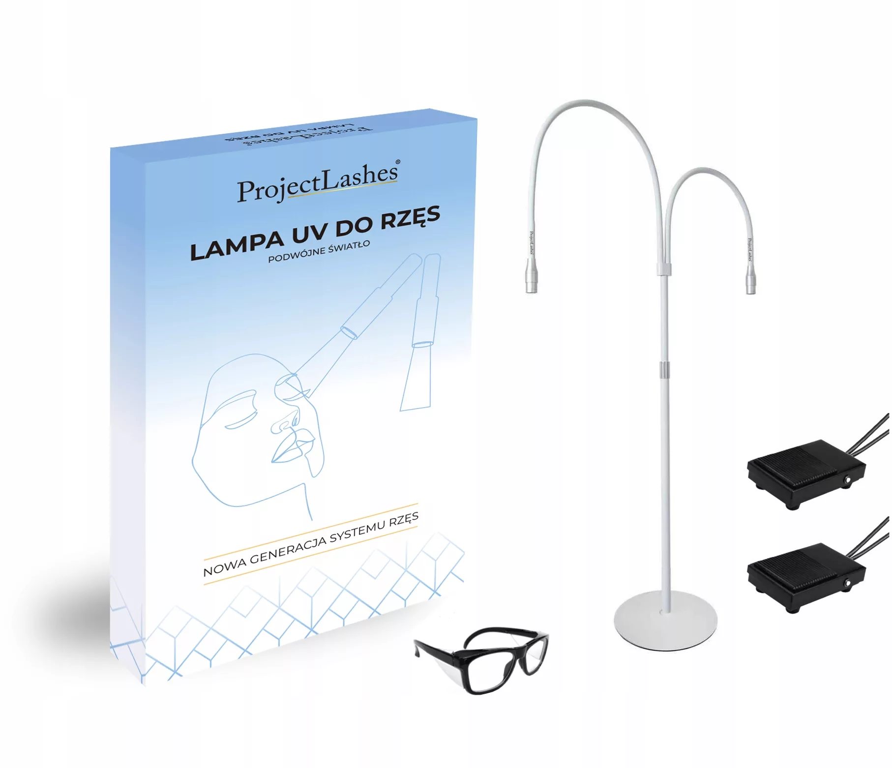 PODWÓJNA Lampa UV do przedłużania rzęs ProjectLashes + okulary BIAŁA