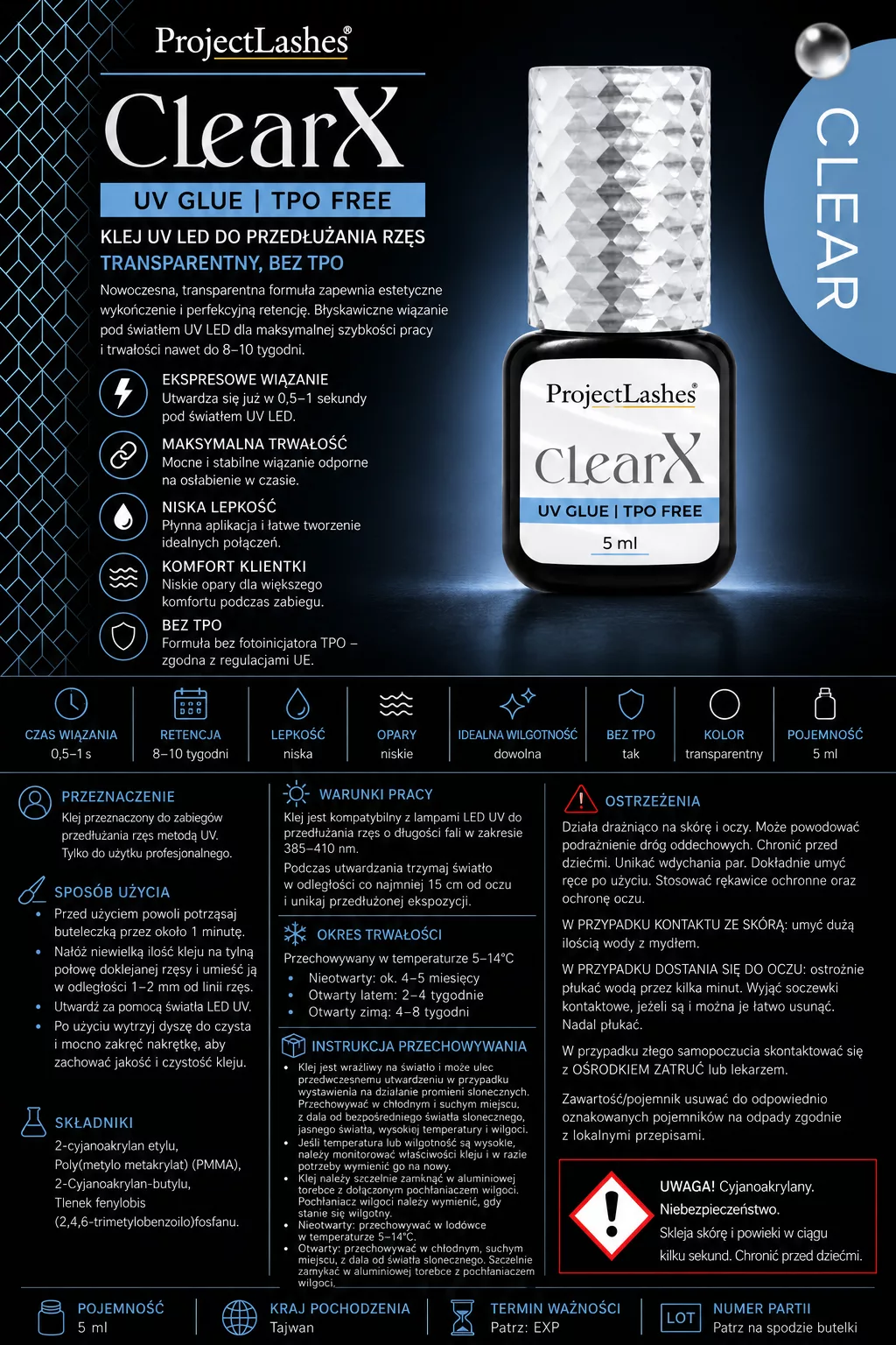 Klej do przedłużania rzęs UV LED ProjectLashes ClearX przeźroczysty 5ml bez TPO