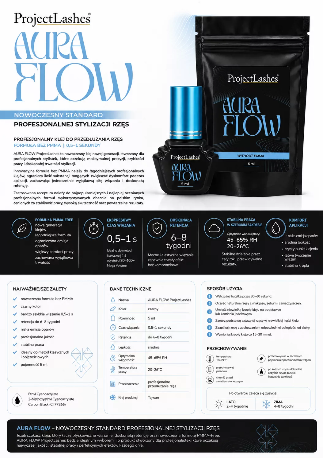 Klej do przedłużania rzęs bez PMMA AURA FLOW ProjectLashes 5ml czarny 0,5-1 sek